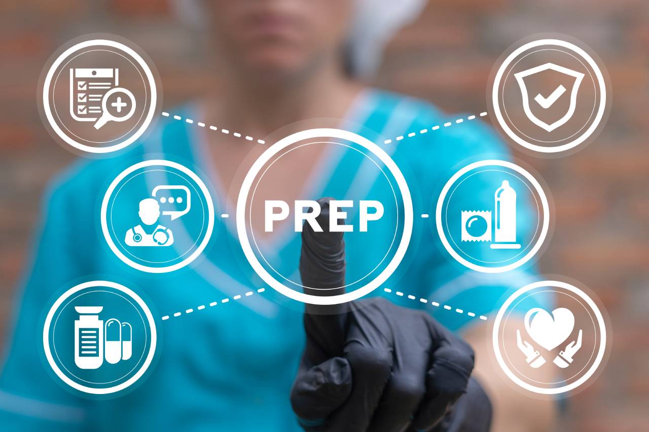 Doctor using virtual touchscreen with PREP and science image icons at OSRA Medical near San Francisco, (CA)