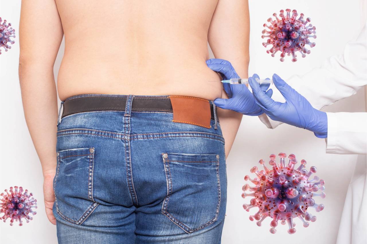 A virus's capsid and a doctor injecting a patient with PrEP near San Francisco, California (CA)