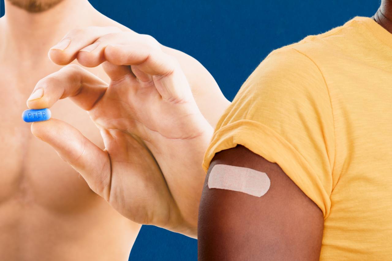 A man holding an oral PrEP pill next to a person with a bandage covering an injectable PrEP site near San Francisco, California