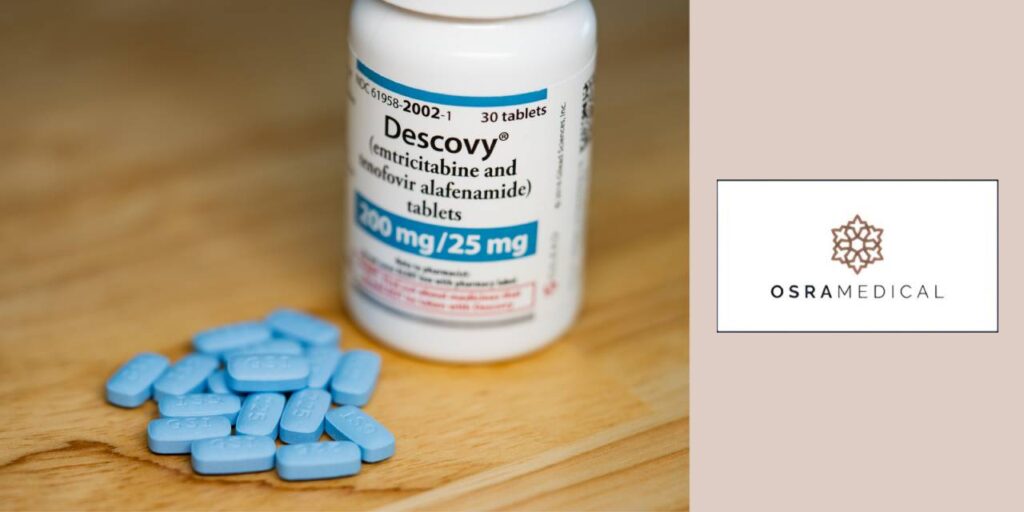 An image of the Descovy bottle and medication next to an Osra Medical logo
