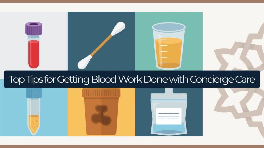 An collage of cartoonized cotton swabs, blood sample, and urine samples representing routine medical diagnostics from a concierge healthcare provider.